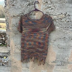 Y2k Multicolored crochet t-shirt‎ with fringe hem #festivalvibes XL 100% cotton